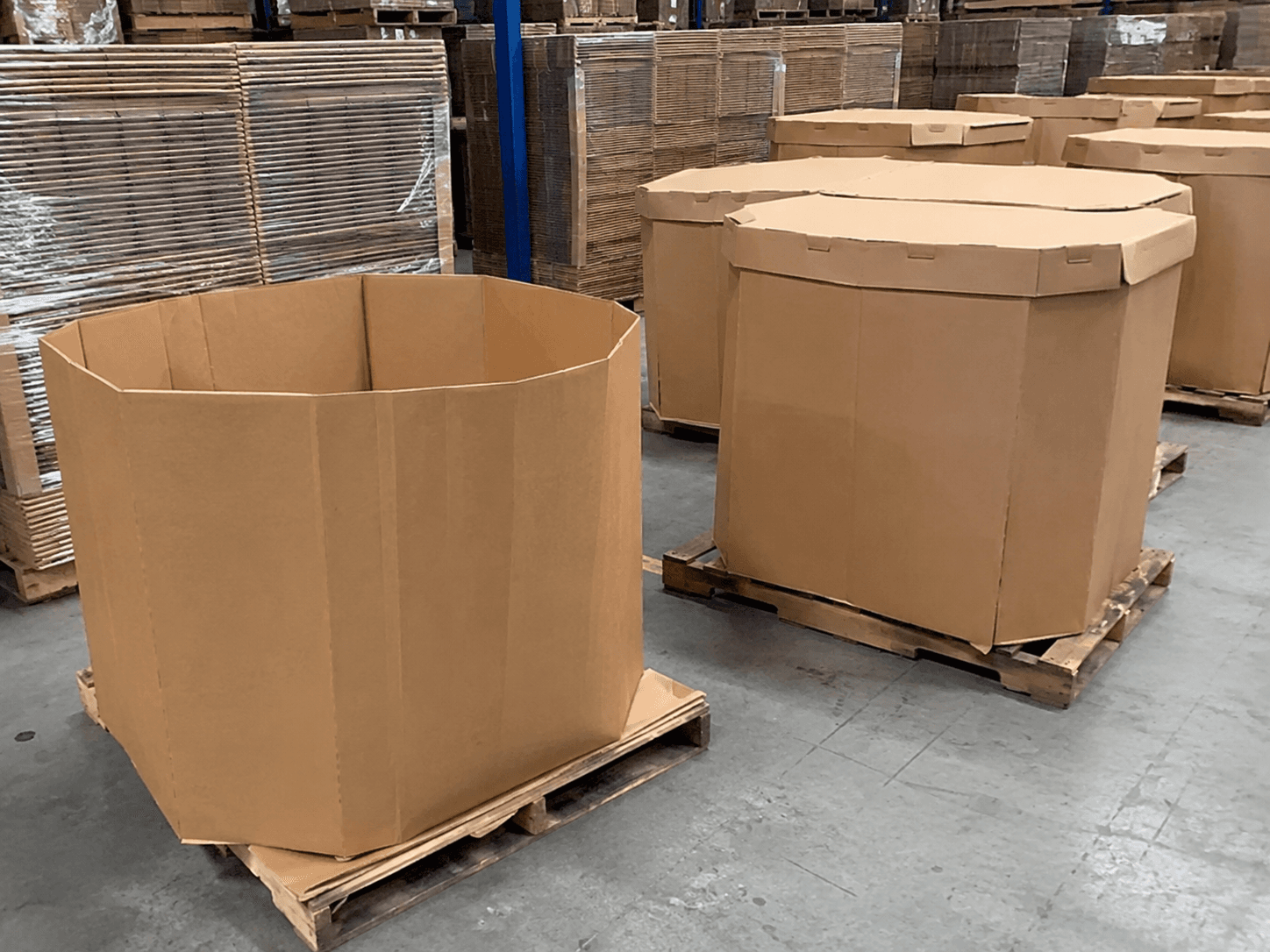 Octagonal used Gaylord boxes on pallets in our Chicagoland warehouse